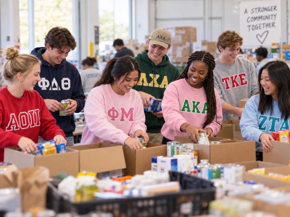 Members in letter sweatshirts volunteering together at a service event