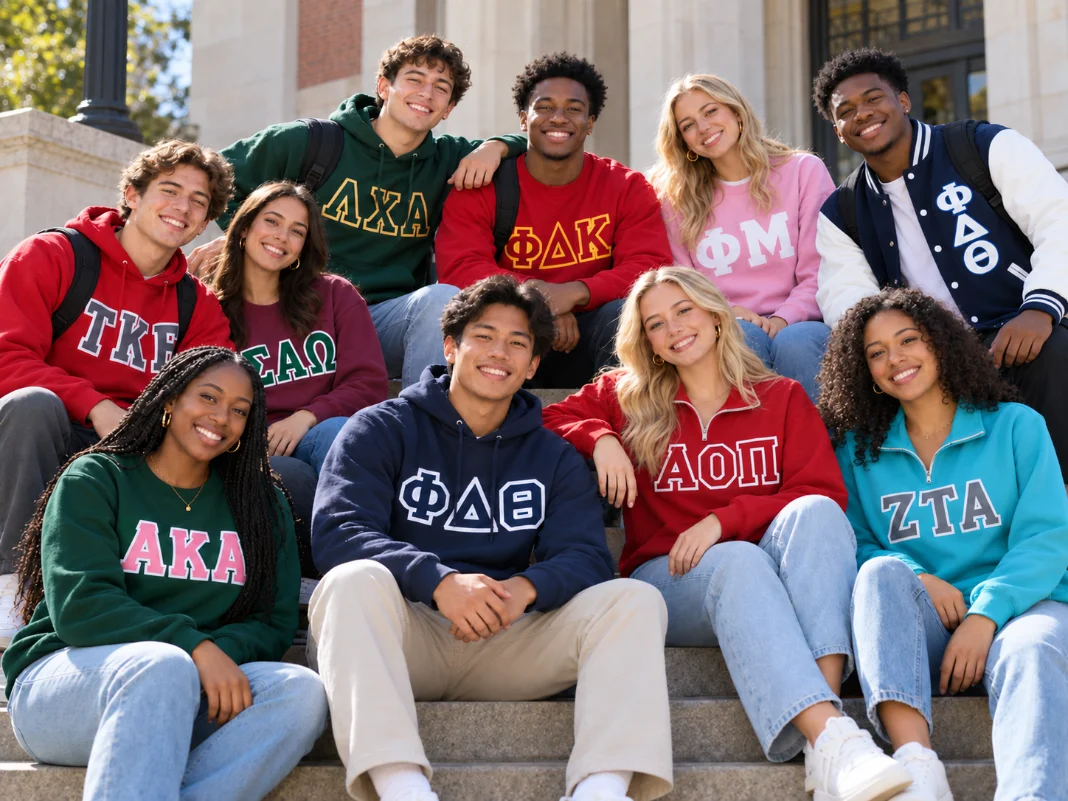 Members of several Greek organizations sitting together in letter sweatshirts