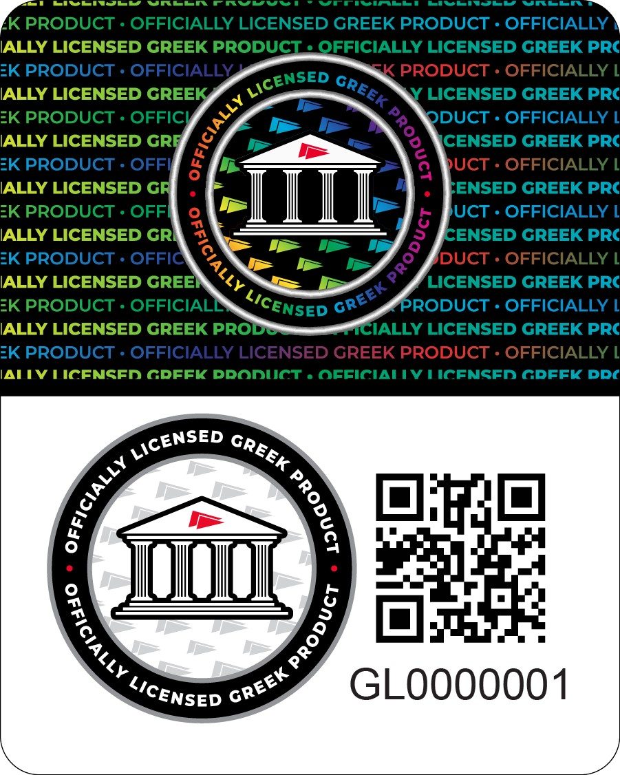The Officially Licensed Greek Product label: a holographic band with repeating text, a round seal showing a columned building, and a QR code with the label's identification number.