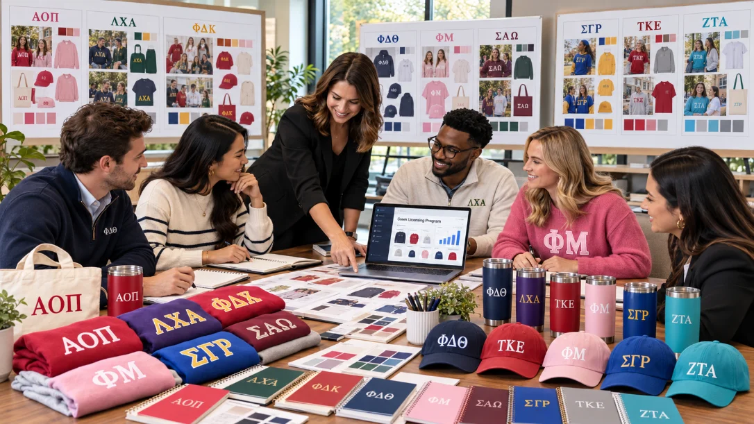 Organization leaders reviewing licensed product plans around a table