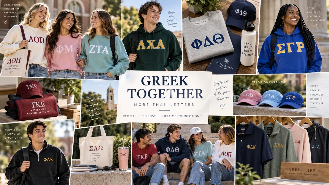 Collage of licensed Greek products: apparel, hats, totes, and drinkware